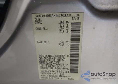 2019 Nissan Altima Sr from USA, damaged, VIN 1N4BL4CV3KC166731